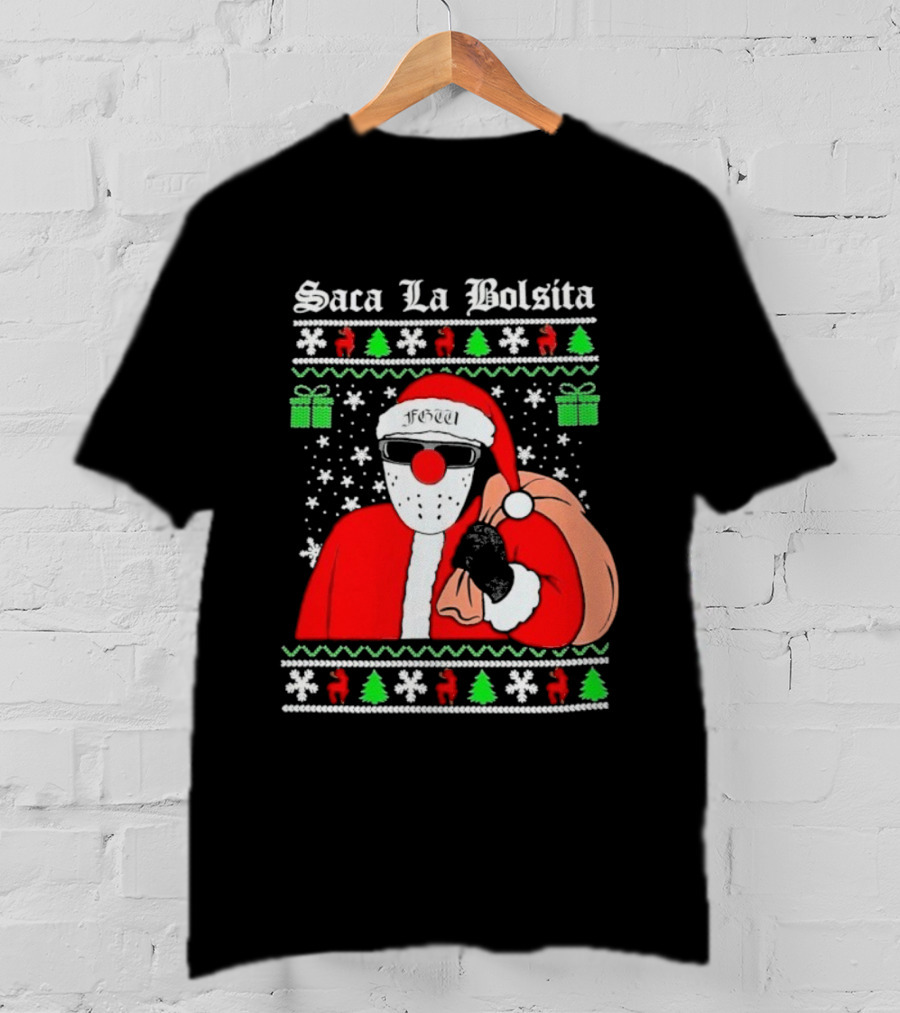 Saca La Bolsita Ugly Xmas Santa With Sunglasses And Bag Snowflakes Christmas Trees T-Shirt