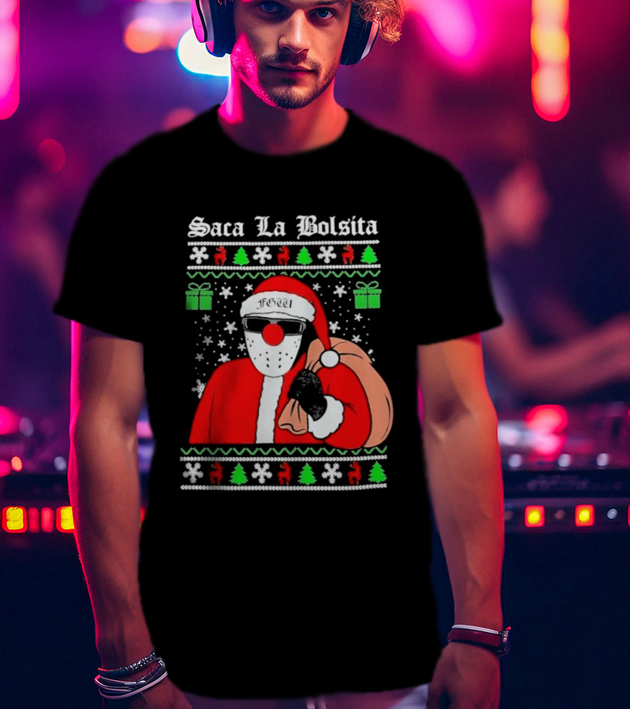 Saca La Bolsita Ugly Xmas Santa With Sunglasses And Bag Snowflakes Christmas Trees T-Shirt