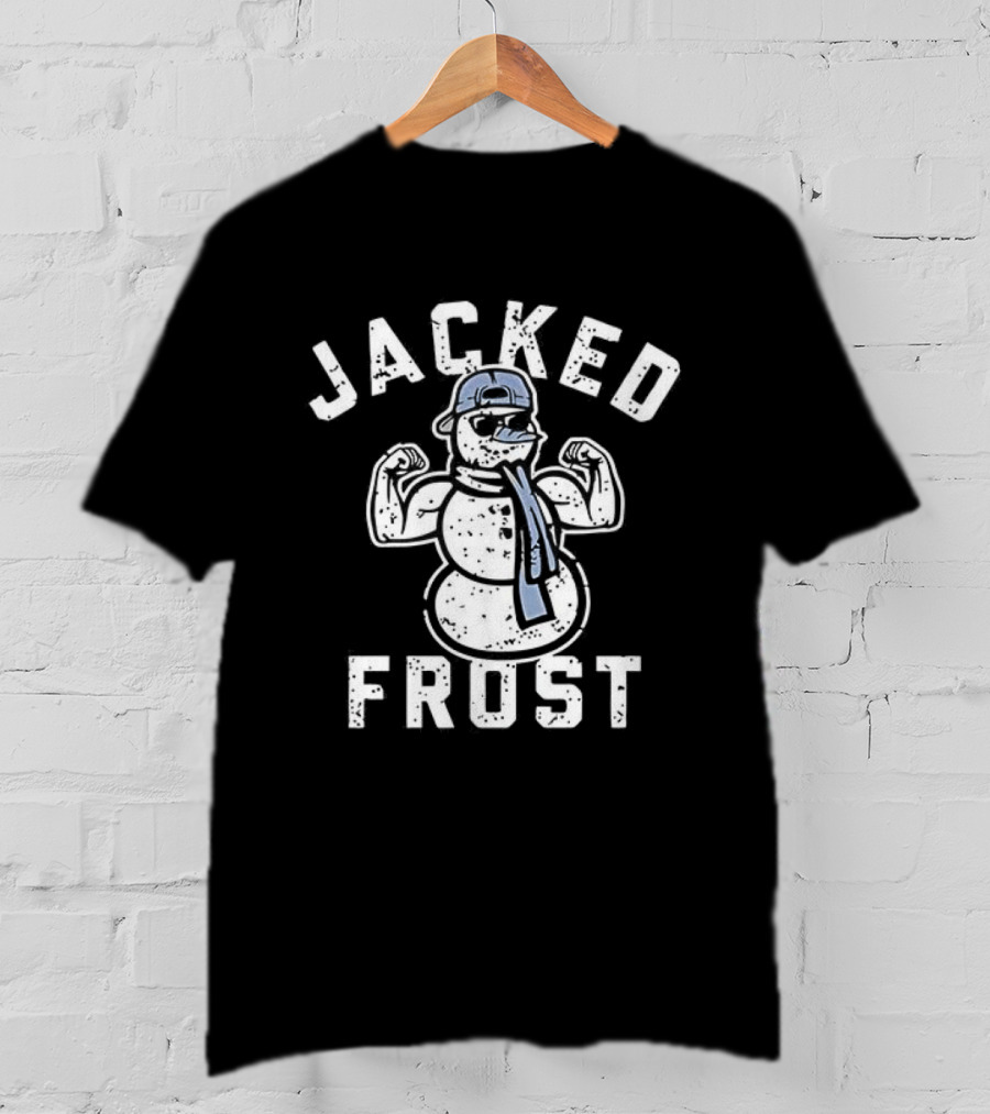 Jacked Frost Snowman Flexing Muscles With Winter Hat And Scarf T-Shirt
