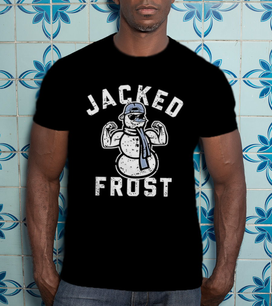 Jacked Frost Snowman Flexing Muscles With Winter Hat And Scarf T-Shirt