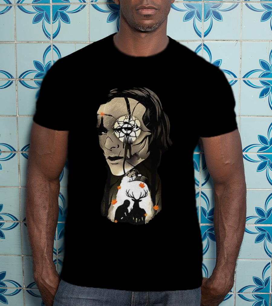The Gentle Monster Face And Autumn Leaves With Silhouettes Of People And Deer T-Shirt
