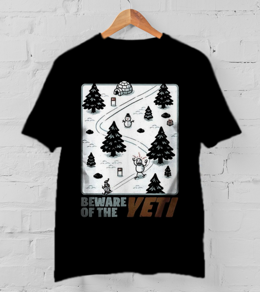 Beware Of The Yeti Funny Cartoon Ski Slope Scene T-Shirt