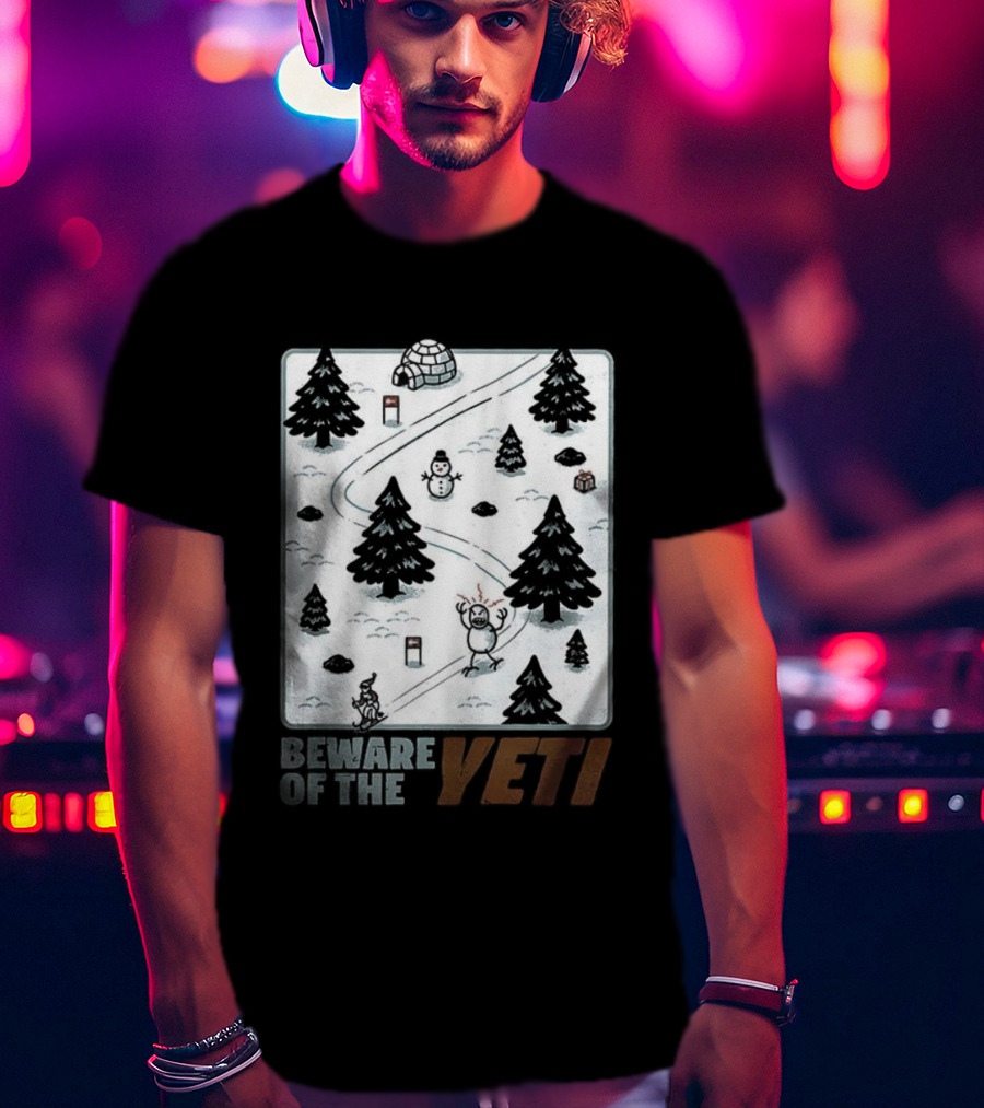 Beware Of The Yeti Funny Cartoon Ski Slope Scene T-Shirt