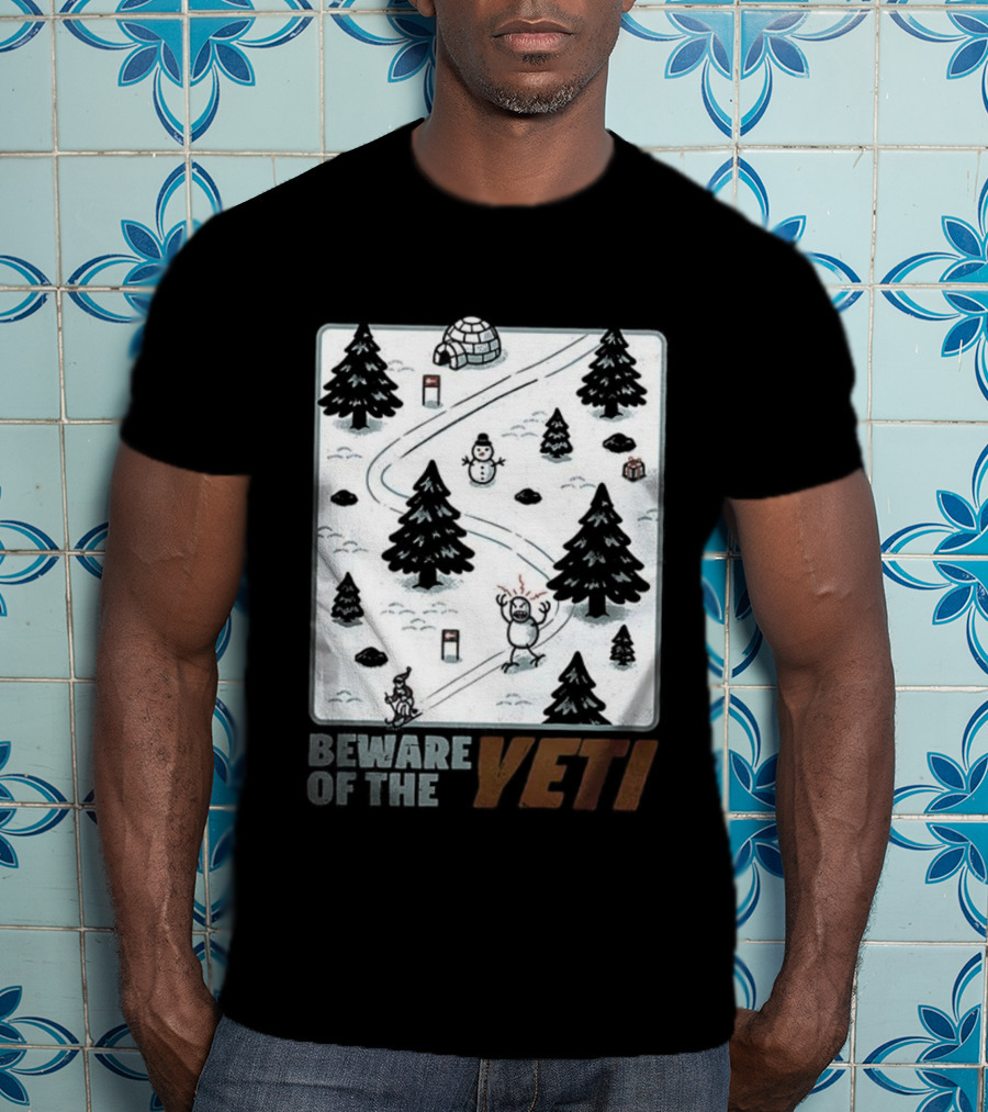 Beware Of The Yeti Funny Cartoon Ski Slope Scene T-Shirt