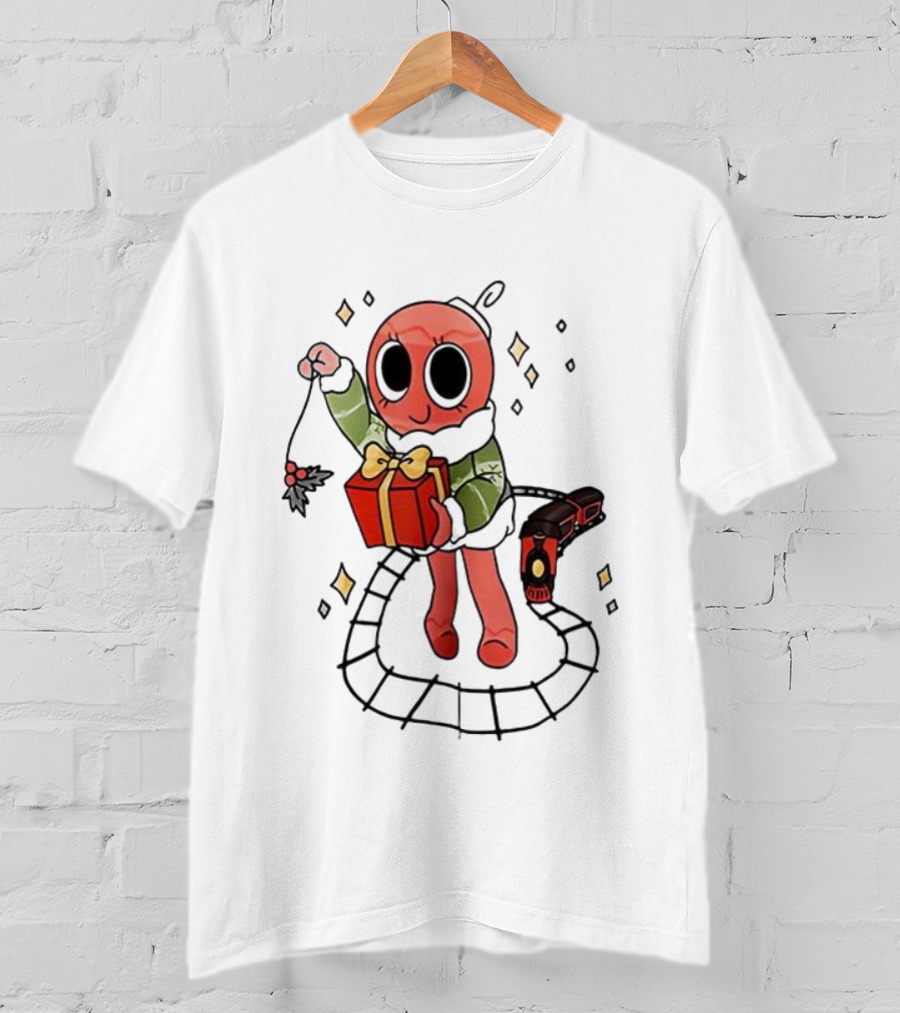 Bobette Light Green Cartoon Character Holding Gift With Train Elements T-Shirt