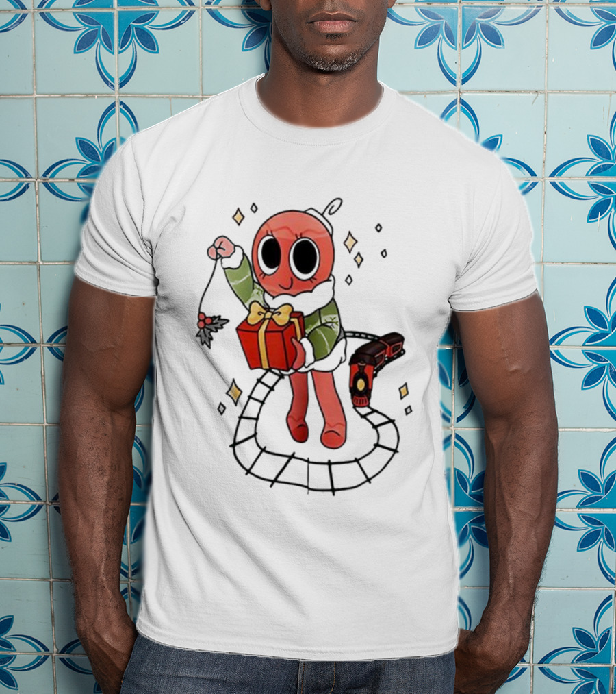 Bobette Light Green Cartoon Character Holding Gift With Train Elements T-Shirt