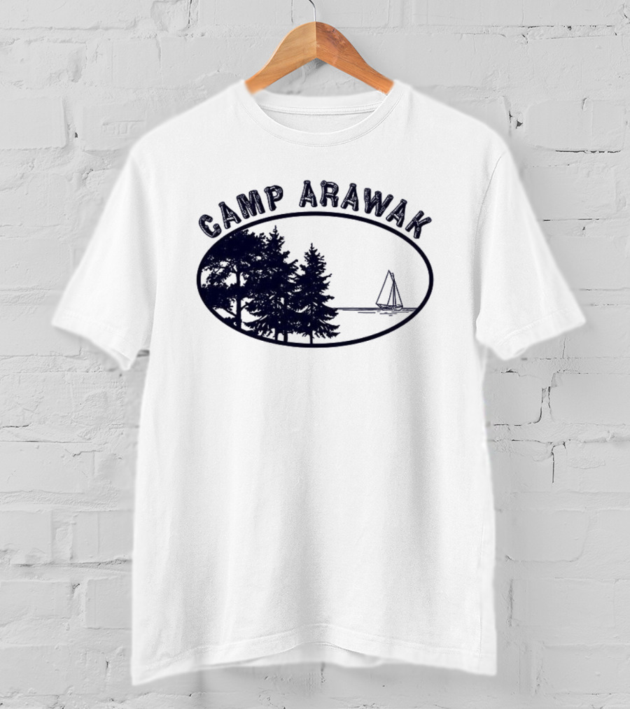 Camp Arawak Trees And Sailboat Scene T-Shirt