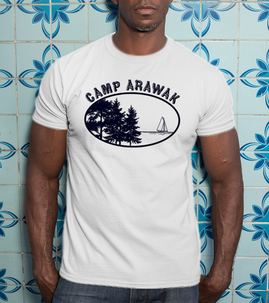 Camp Arawak Trees And Sailboat Scene T-Shirt