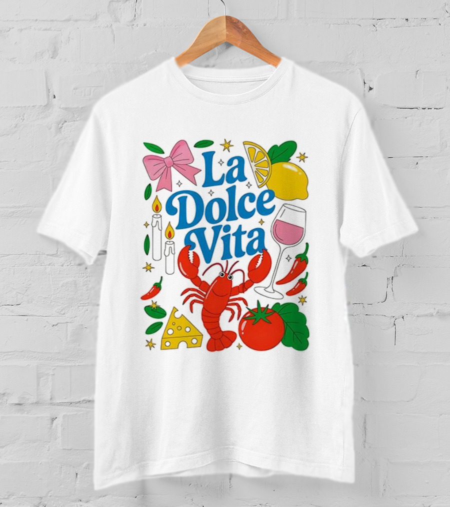J’aime La Dolce Vita Lobster Lemon Tomato Cheese Bow Candles Wine Peppers T-Shirt