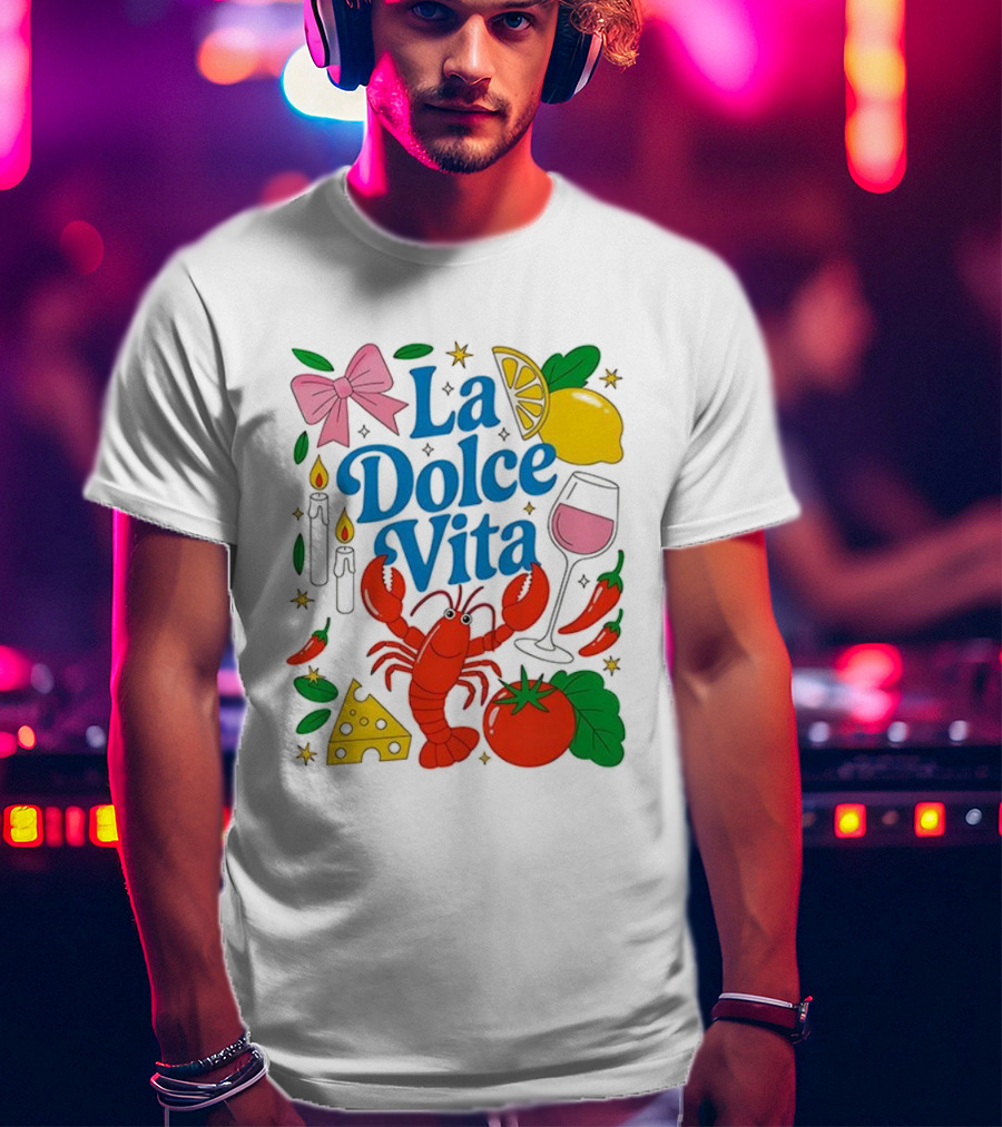 J’aime La Dolce Vita Lobster Lemon Tomato Cheese Bow Candles Wine Peppers T-Shirt