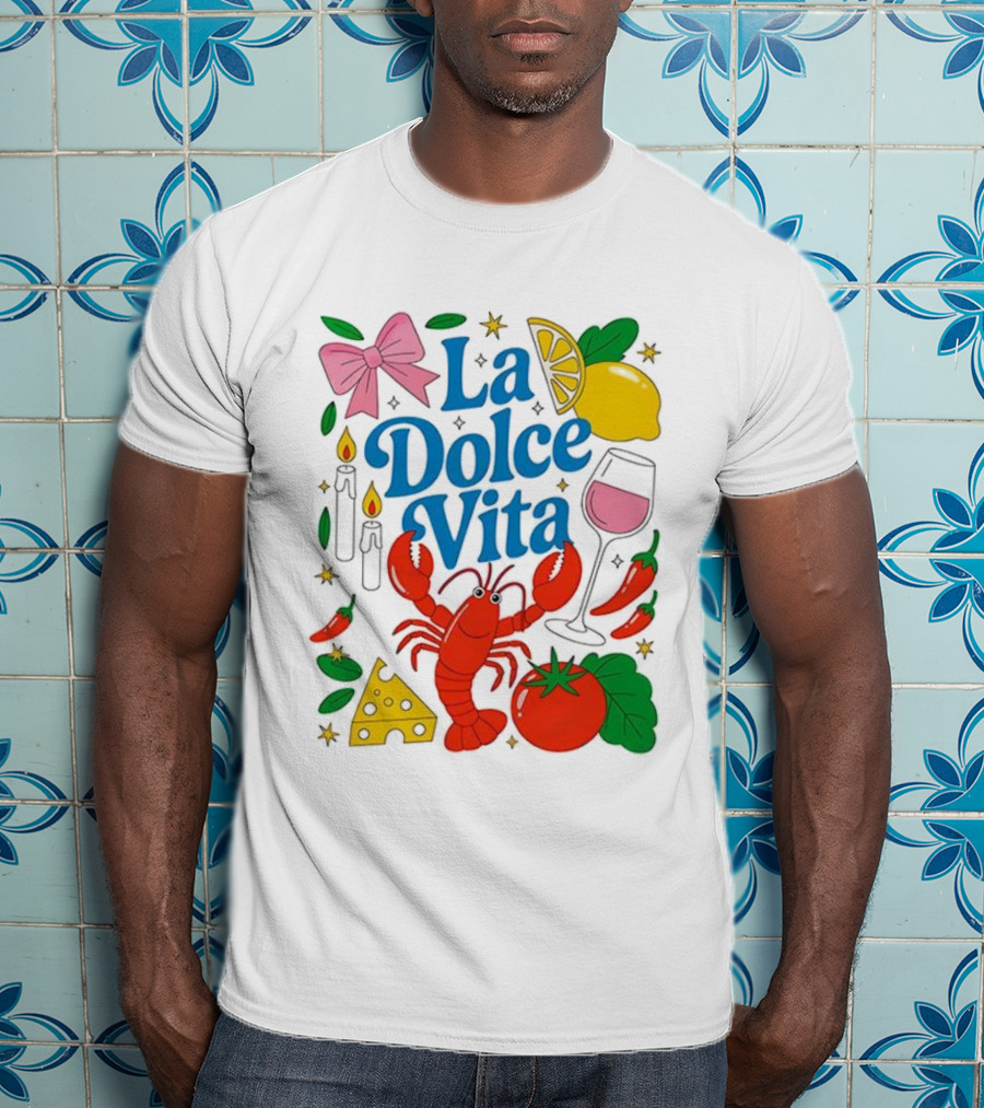 J’aime La Dolce Vita Lobster Lemon Tomato Cheese Bow Candles Wine Peppers T-Shirt