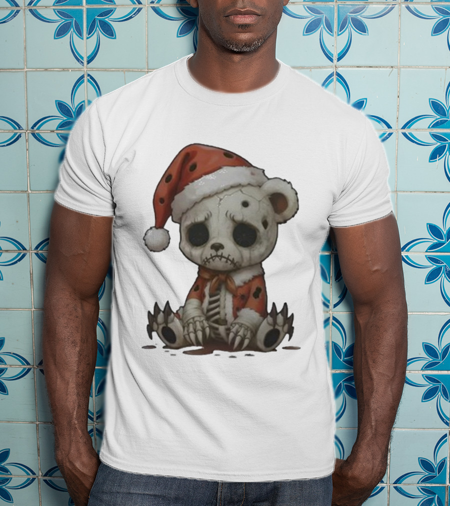 Merry & Boney Christmas Creepy Skeleton Teddy Bear Santa Hat T-Shirt