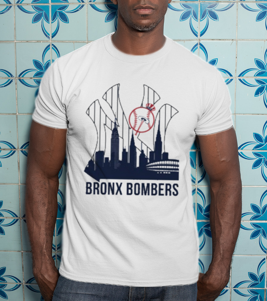 New York Yankees Bronx Bombers Skyline Classic Yankees Bat And Hat Icon T-Shirt