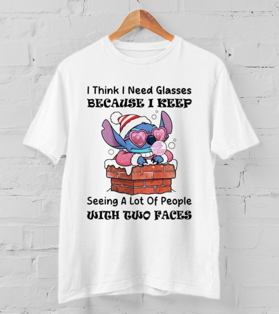 Stitch Christmas I Think I Need Glasses Seeing People With Two Faces T-Shirt