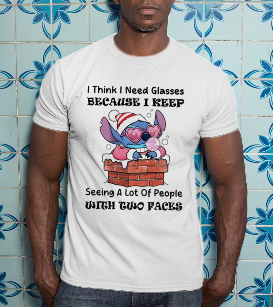 Stitch Christmas I Think I Need Glasses Seeing People With Two Faces T-Shirt