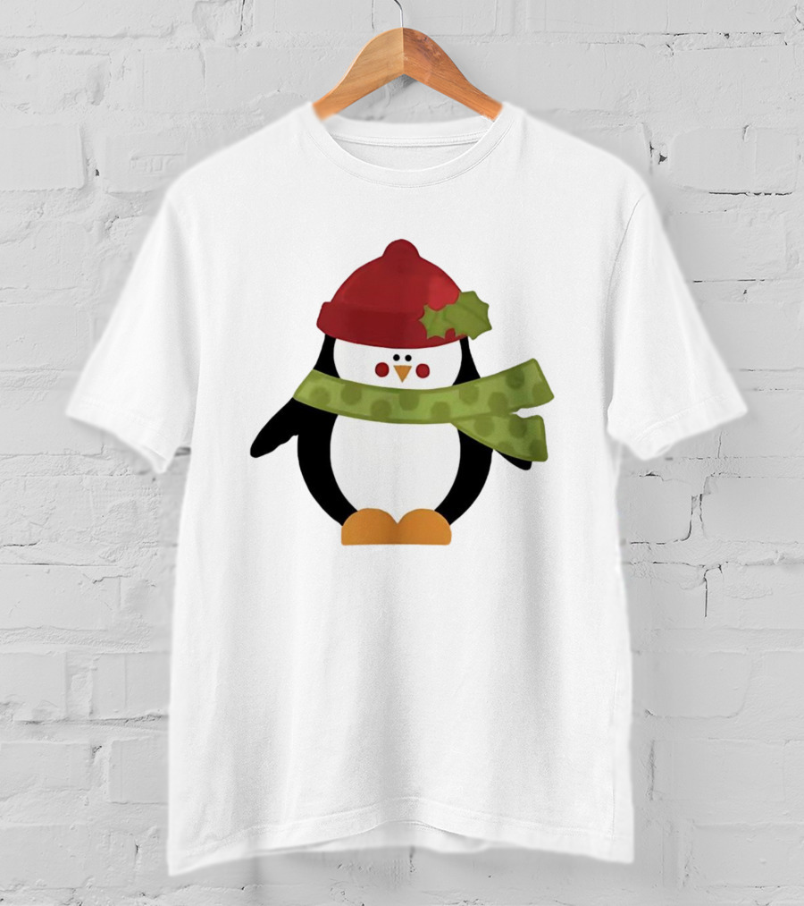 Cute Penguin Christmas Cartoon With Red Hat And Green Scarf T-Shirt