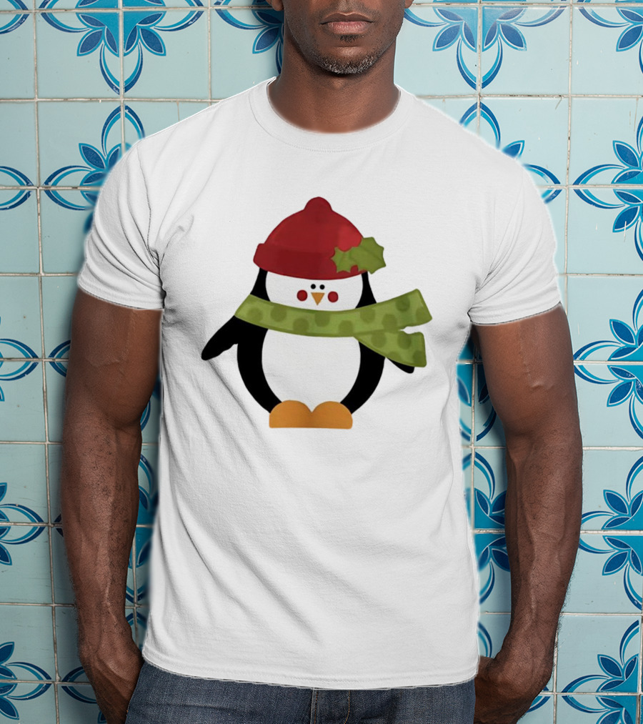 Cute Penguin Christmas Cartoon With Red Hat And Green Scarf T-Shirt