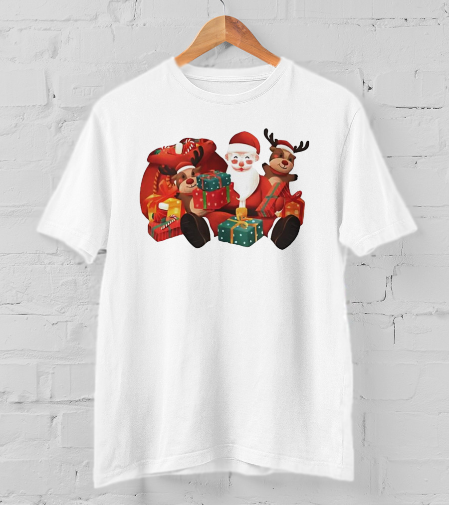 Santa Claus And Reindeer Holding Christmas Gifts With Sack And Ribbon T-Shirt