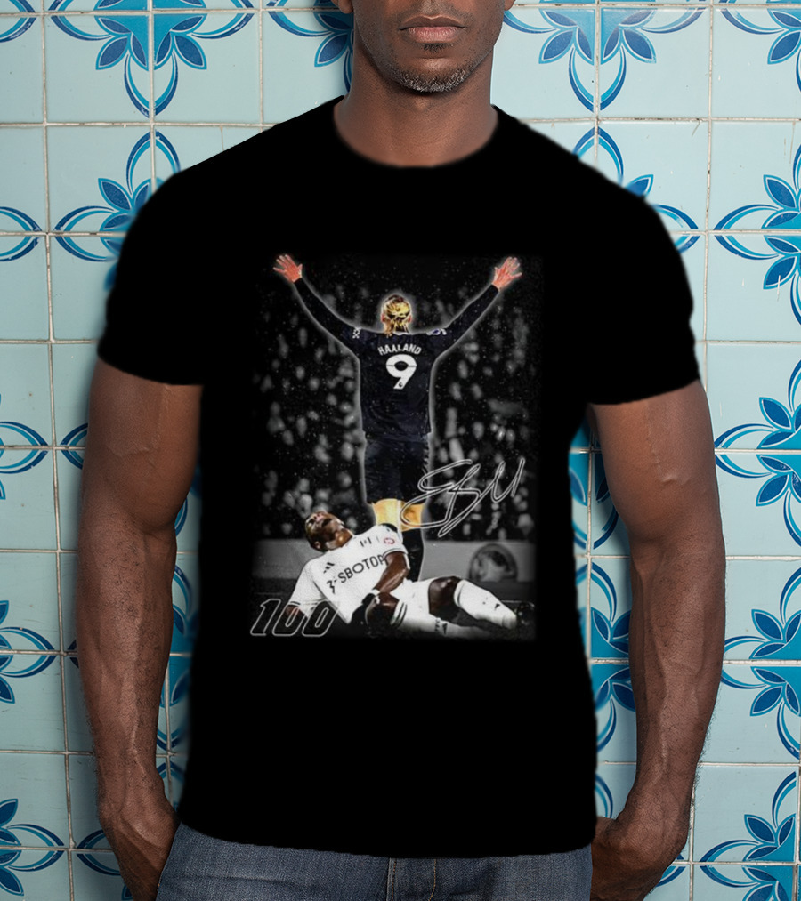 Erling Haaland 9 Manchester City 100th Goal Celebration Signature T-Shirt