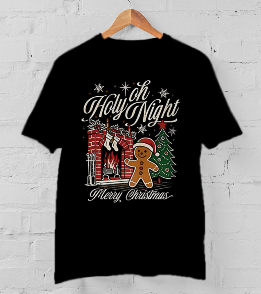 Oh Holy Night Gingerbread Merry Christmas By The Fireplace Tree T-Shirt