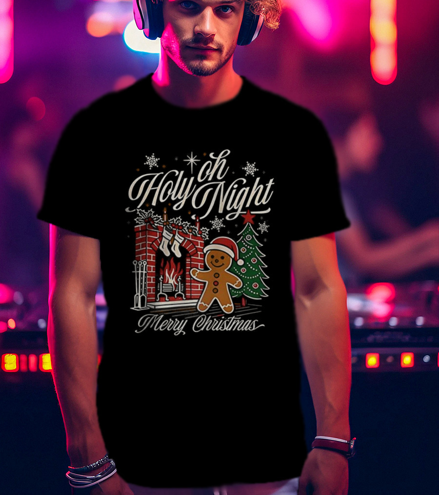 Oh Holy Night Gingerbread Merry Christmas By The Fireplace Tree T-Shirt