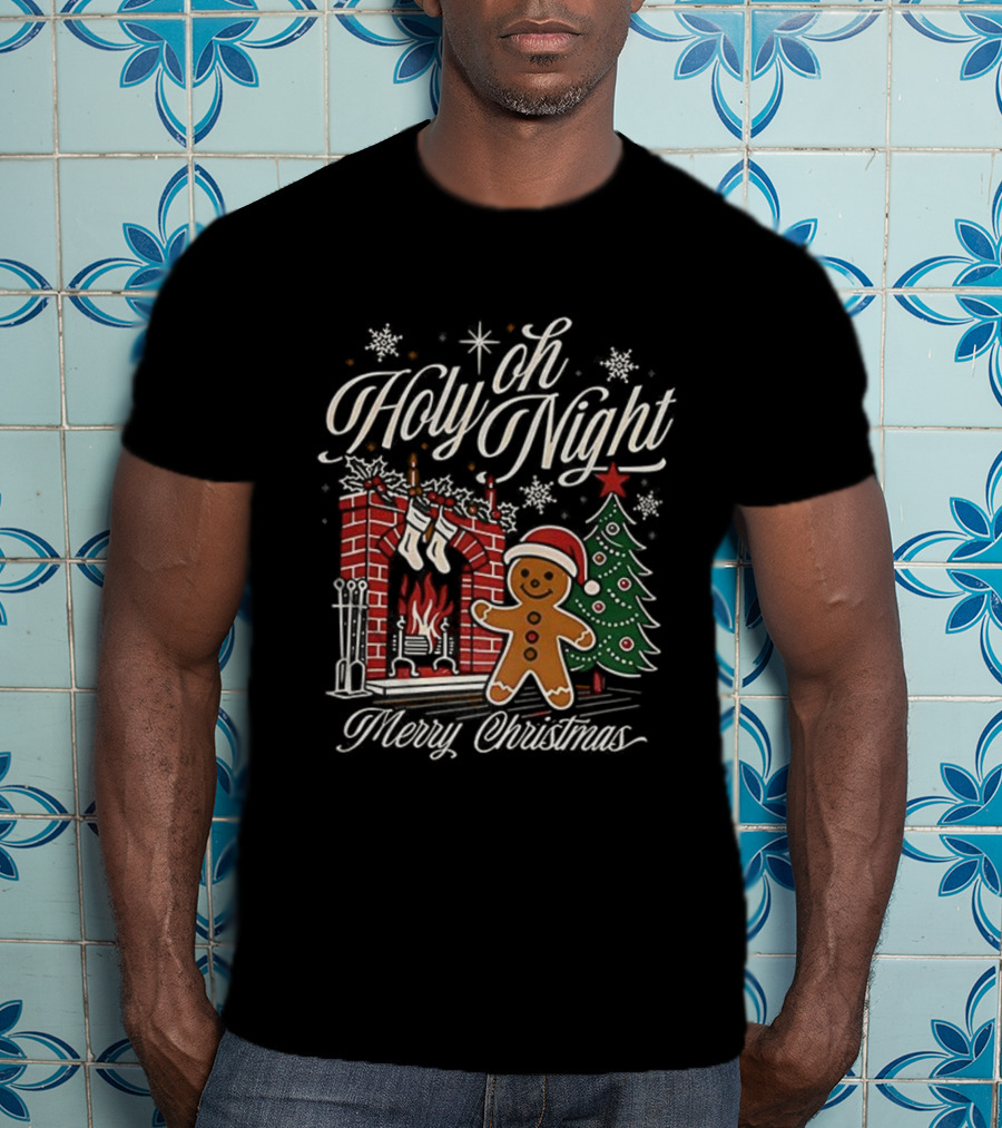 Oh Holy Night Gingerbread Merry Christmas By The Fireplace Tree T-Shirt