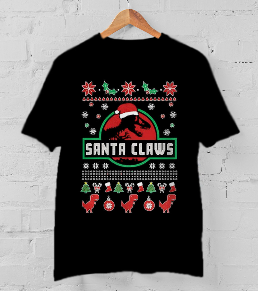 Junior Santa Claws Ho Ho Ho Ugly Christmas Sweater With Dinosaurs T-Shirt