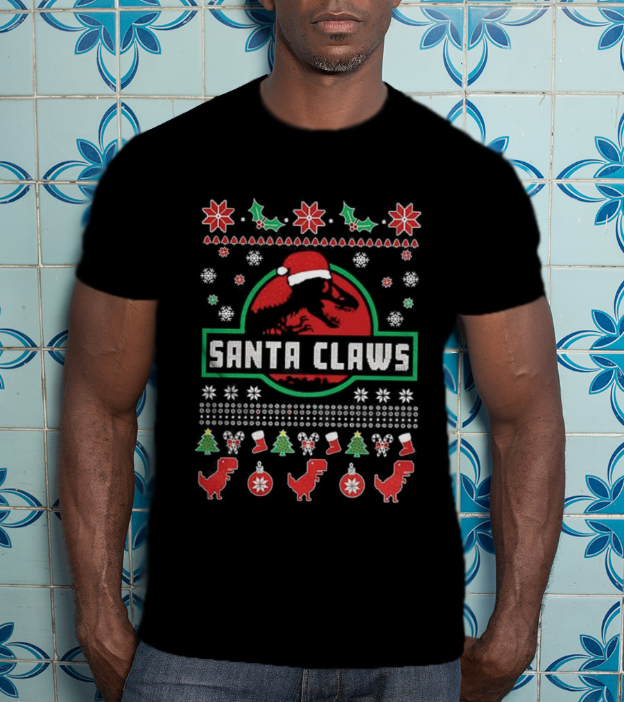 Junior Santa Claws Ho Ho Ho Ugly Christmas Sweater With Dinosaurs T-Shirt