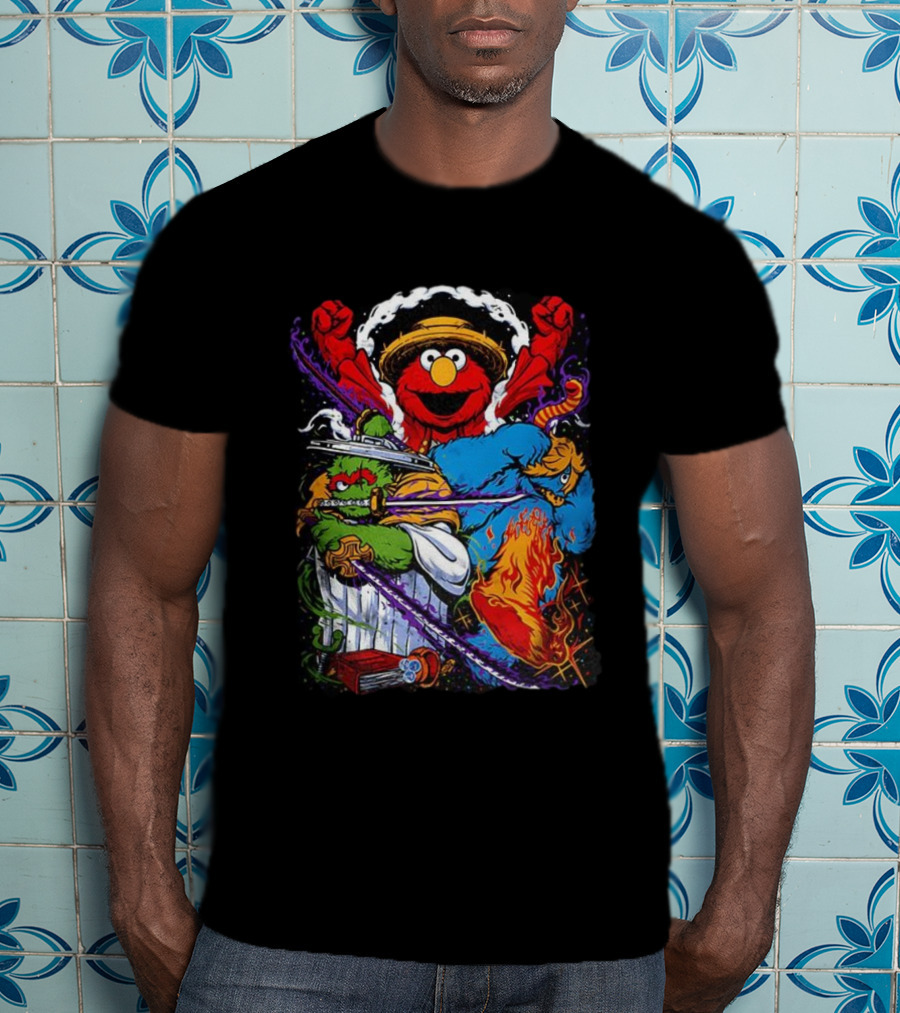 Elmo Oscar Cookie Monster Luffy Crossover Street Trio T-Shirt