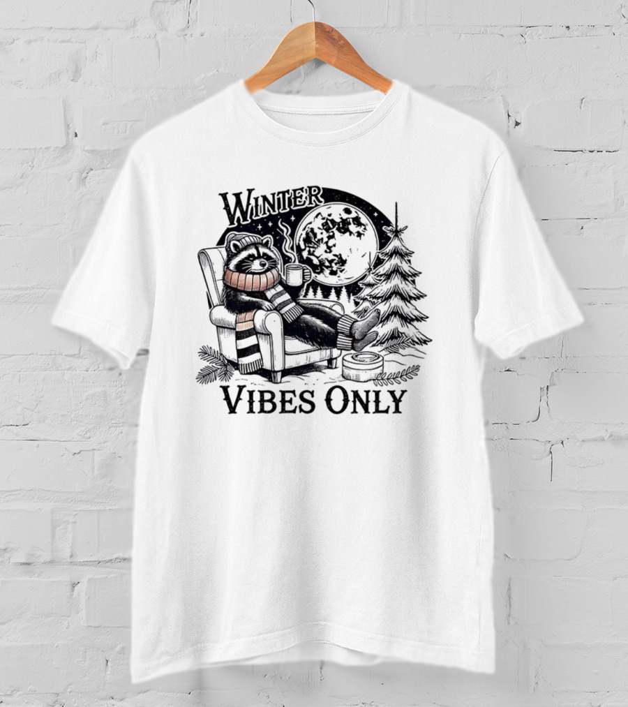Winter Vibes Only Cute Raccoon By Christmas Tree T-Shirt