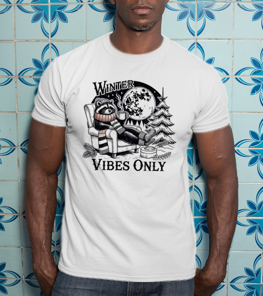 Winter Vibes Only Cute Raccoon By Christmas Tree T-Shirt