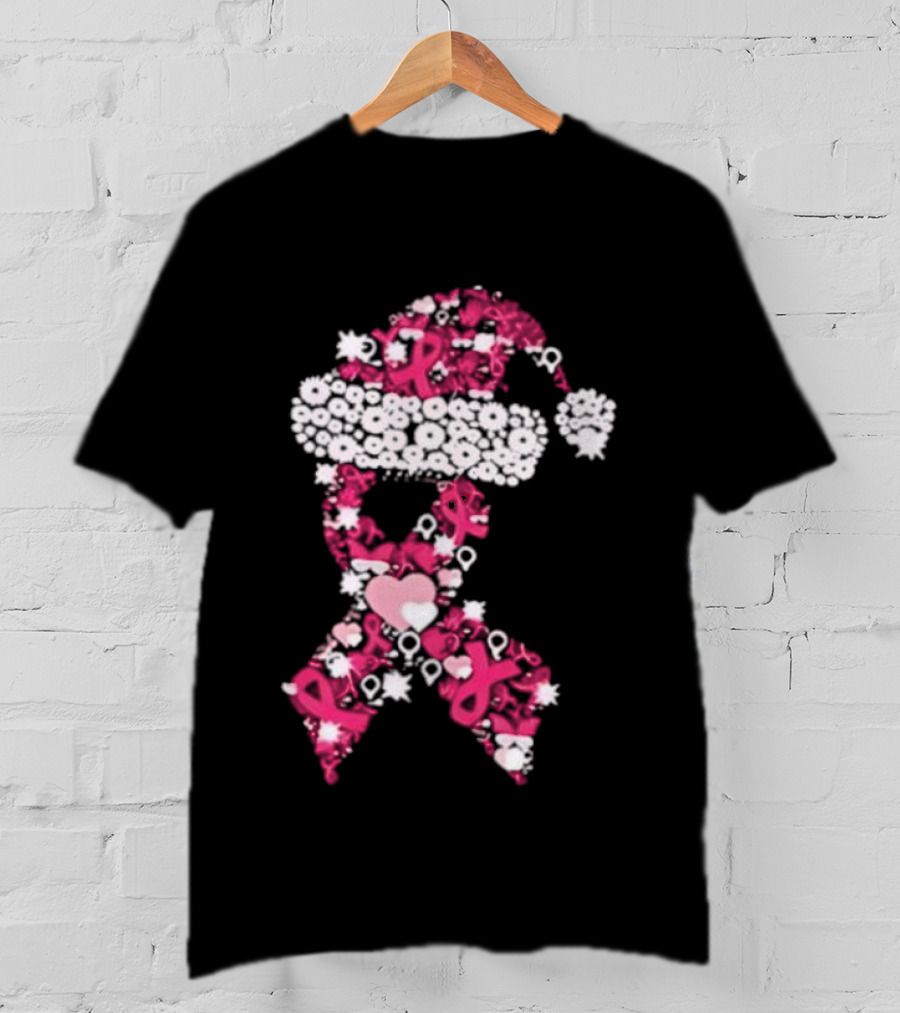 Santa Hat Breast Cancer Awareness Christmas Ribbon T-Shirt