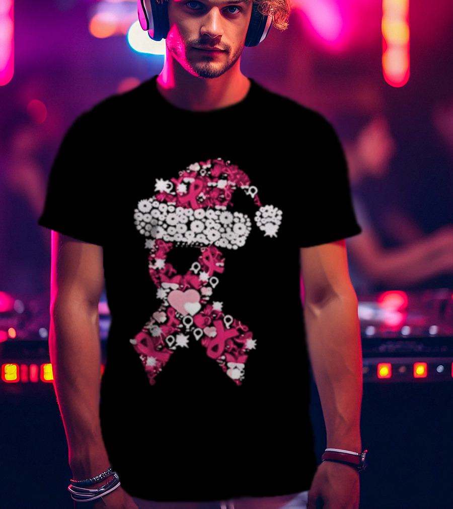 Santa Hat Breast Cancer Awareness Christmas Ribbon T-Shirt
