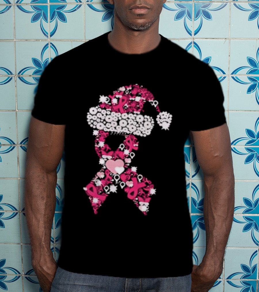 Santa Hat Breast Cancer Awareness Christmas Ribbon T-Shirt