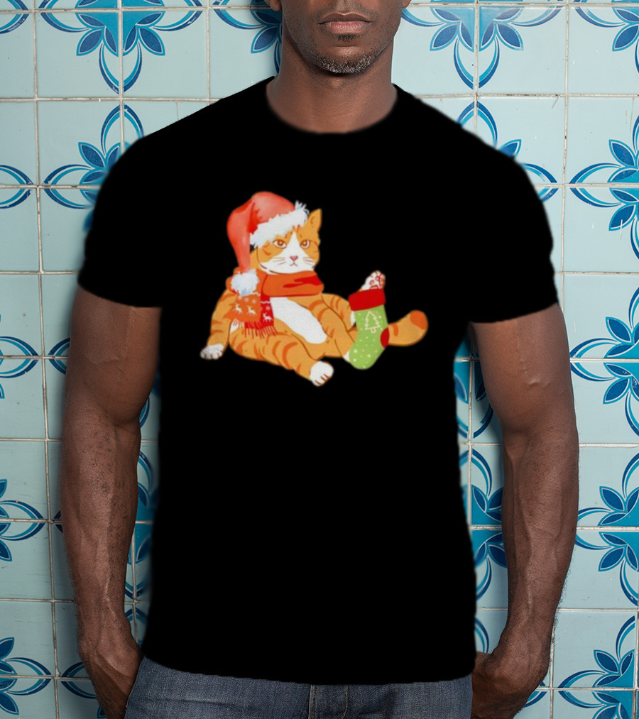 Cute Christmas Orange Cat Santa Hat Festive Stocking T-Shirt