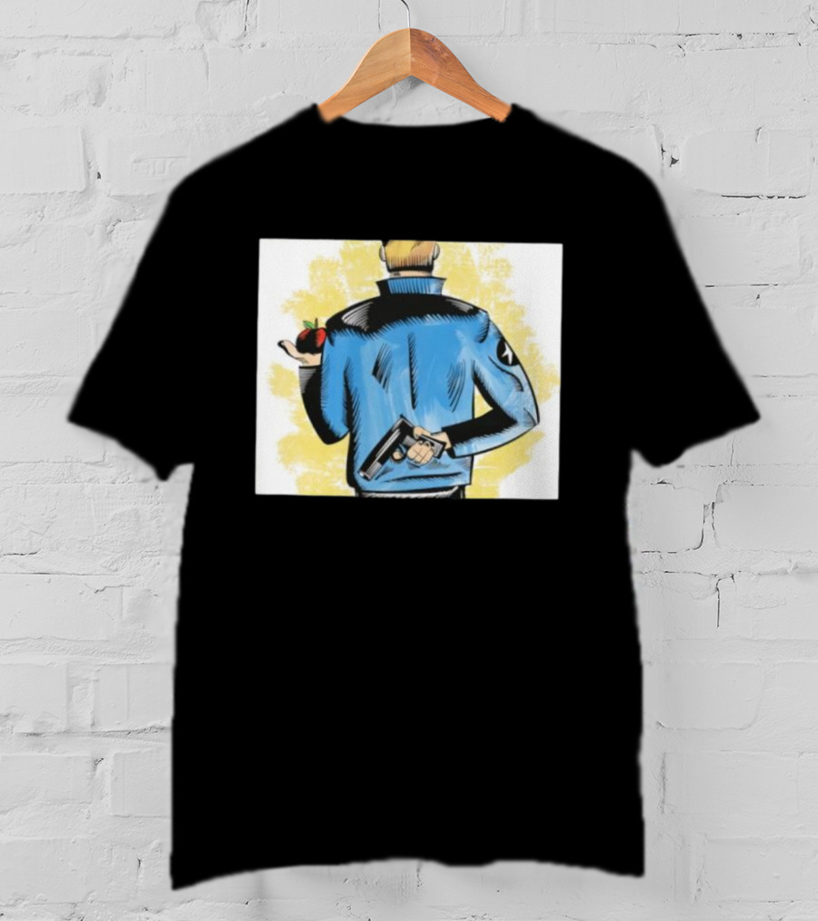 Deny Defend Depose Stylish Jacket Man Holding Gun And Apple T-Shirt