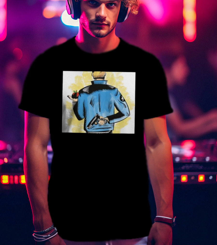 Deny Defend Depose Stylish Jacket Man Holding Gun And Apple T-Shirt