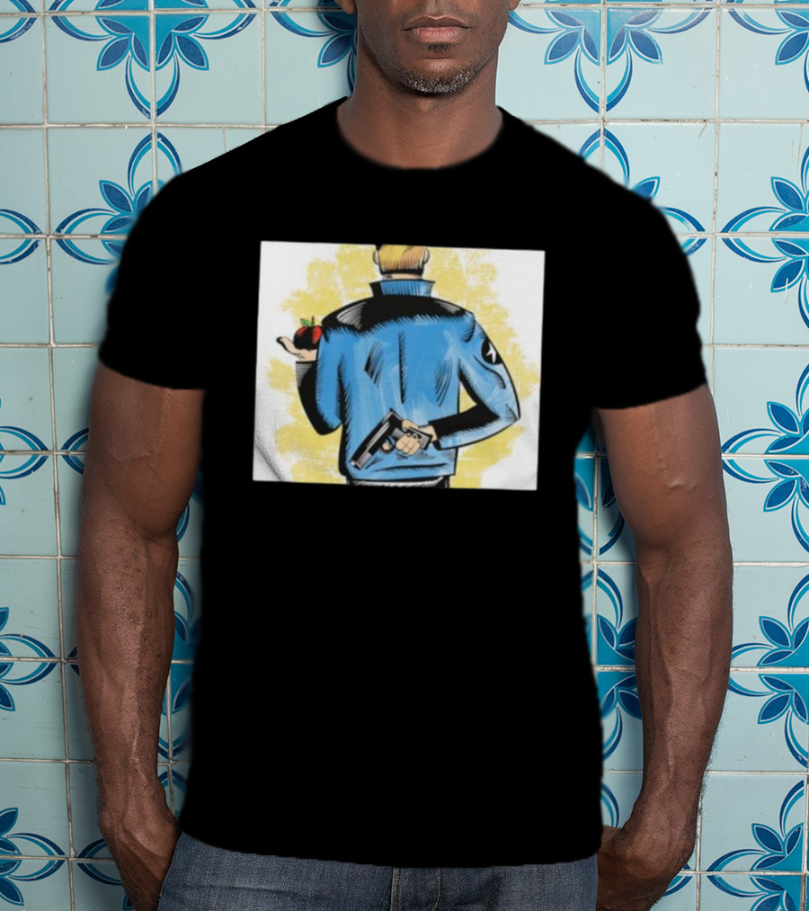 Deny Defend Depose Stylish Jacket Man Holding Gun And Apple T-Shirt