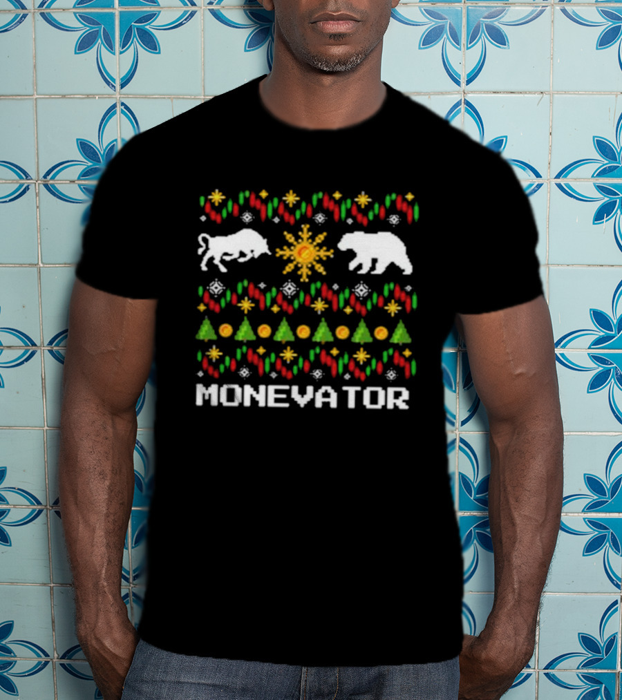 Monevator Buffalo Bear Holiday Pattern Christmas Snowflakes Trees T-Shirt