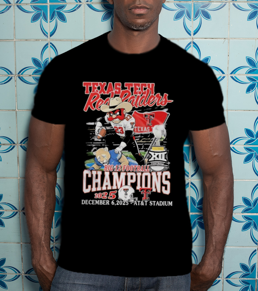 Texas Tech Red Raiders Big 12 Football Champions 2025 Victory Over Brigham Young Cougars December 6 Jones AT&T Stadium T-Shirt