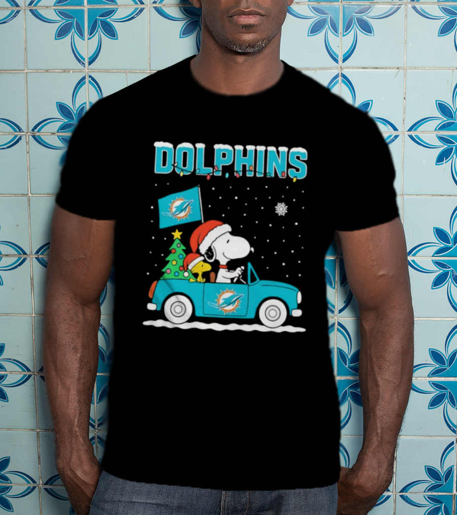 Snoopy WoodStock Santa Christmas Miami Dolphins Car Holiday Scene T-Shirt