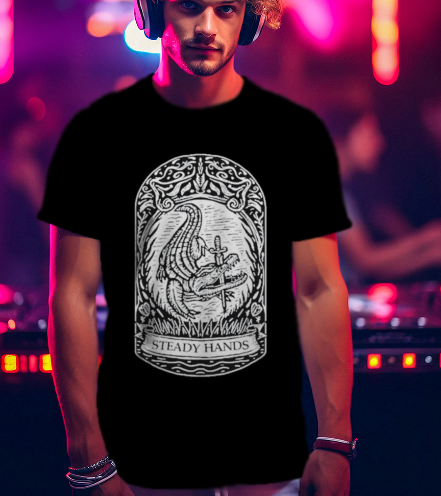 Steady Hands Crocodile Sword Banner T-Shirt