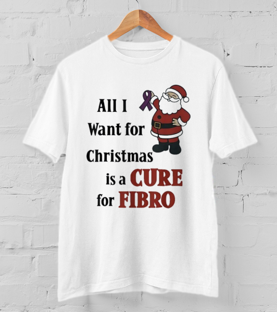 Santa Claus All I Want For Christmas Is A Cure For Fibro Purple Ribbon T-Shirt