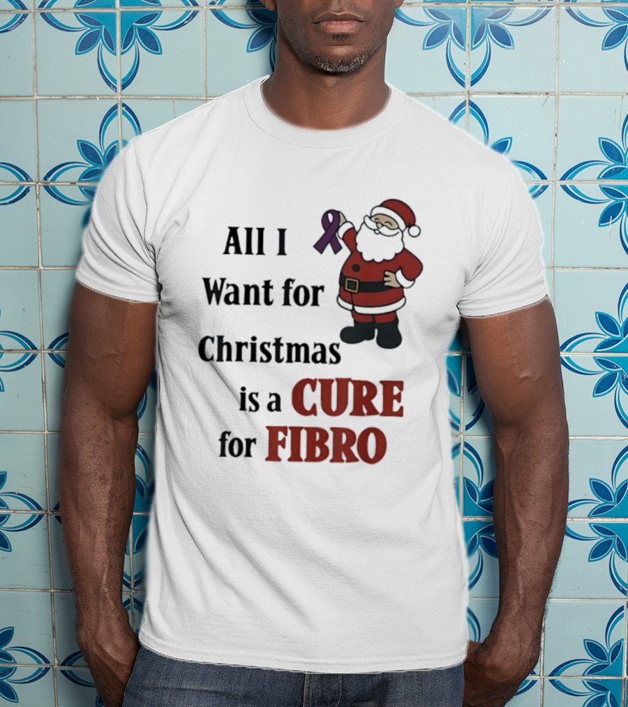 Santa Claus All I Want For Christmas Is A Cure For Fibro Purple Ribbon T-Shirt