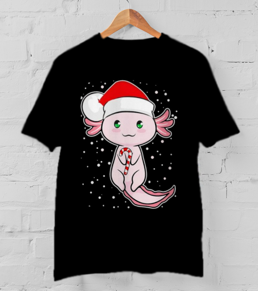 Axolotl Christmas Candy Cane Santa Hat Cute Holiday Snowflakes T-Shirt