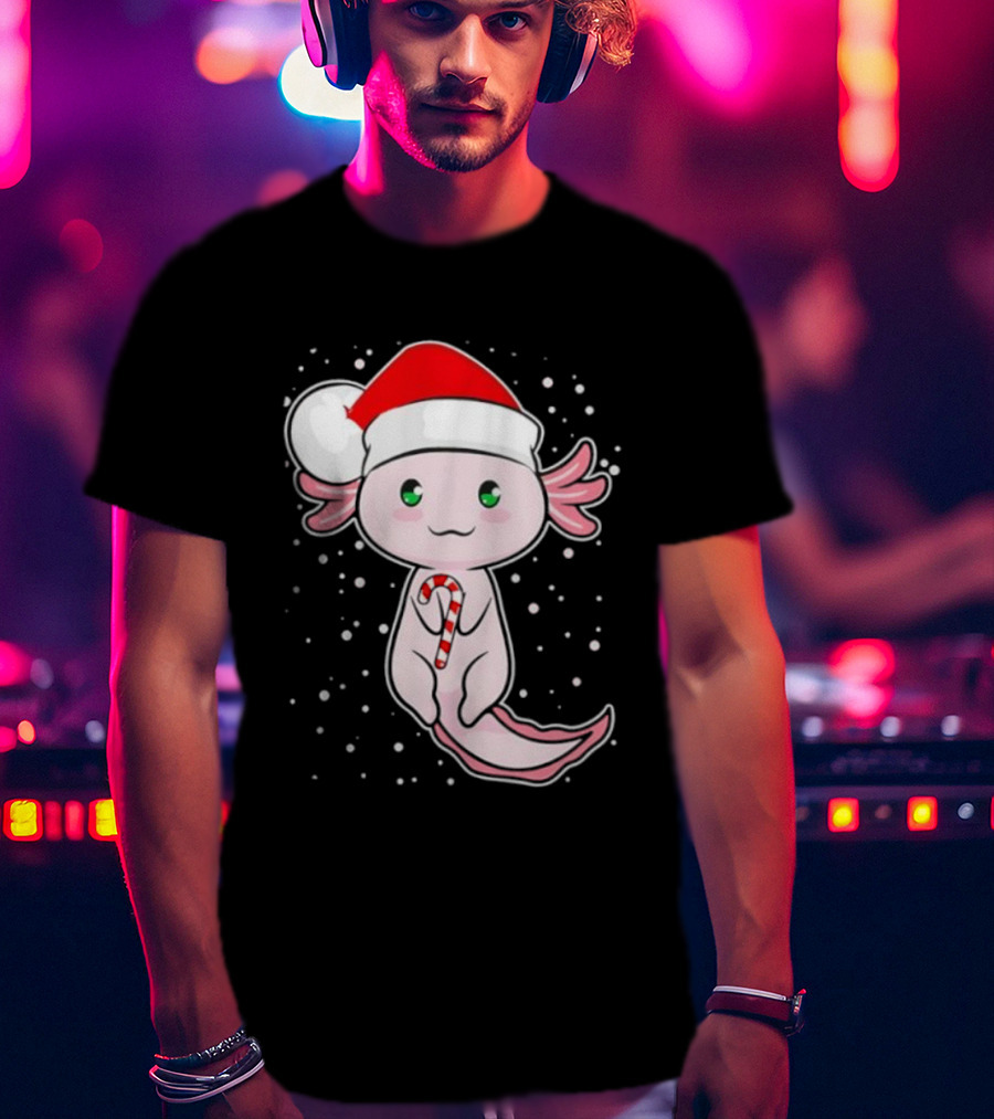 Axolotl Christmas Candy Cane Santa Hat Cute Holiday Snowflakes T-Shirt