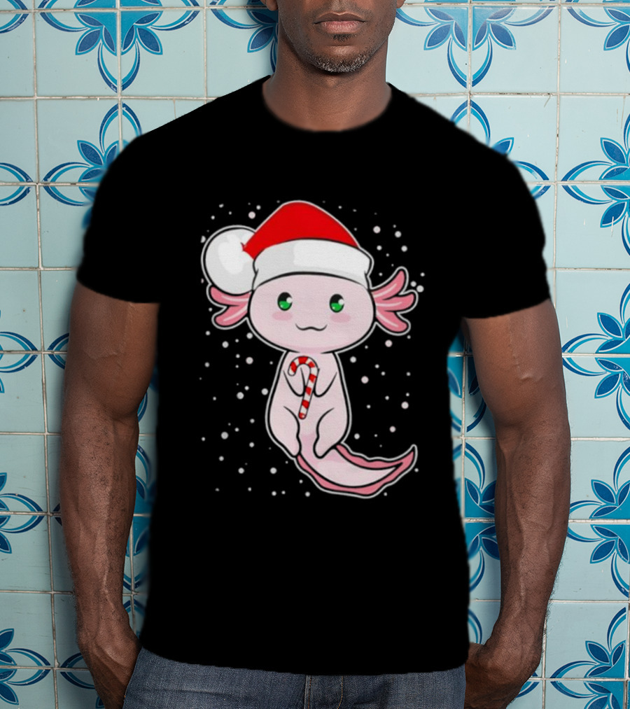 Axolotl Christmas Candy Cane Santa Hat Cute Holiday Snowflakes T-Shirt