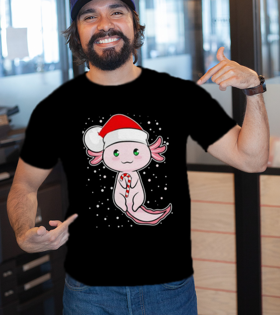 Axolotl Christmas Candy Cane Santa Hat Cute Holiday Snowflakes T-Shirt