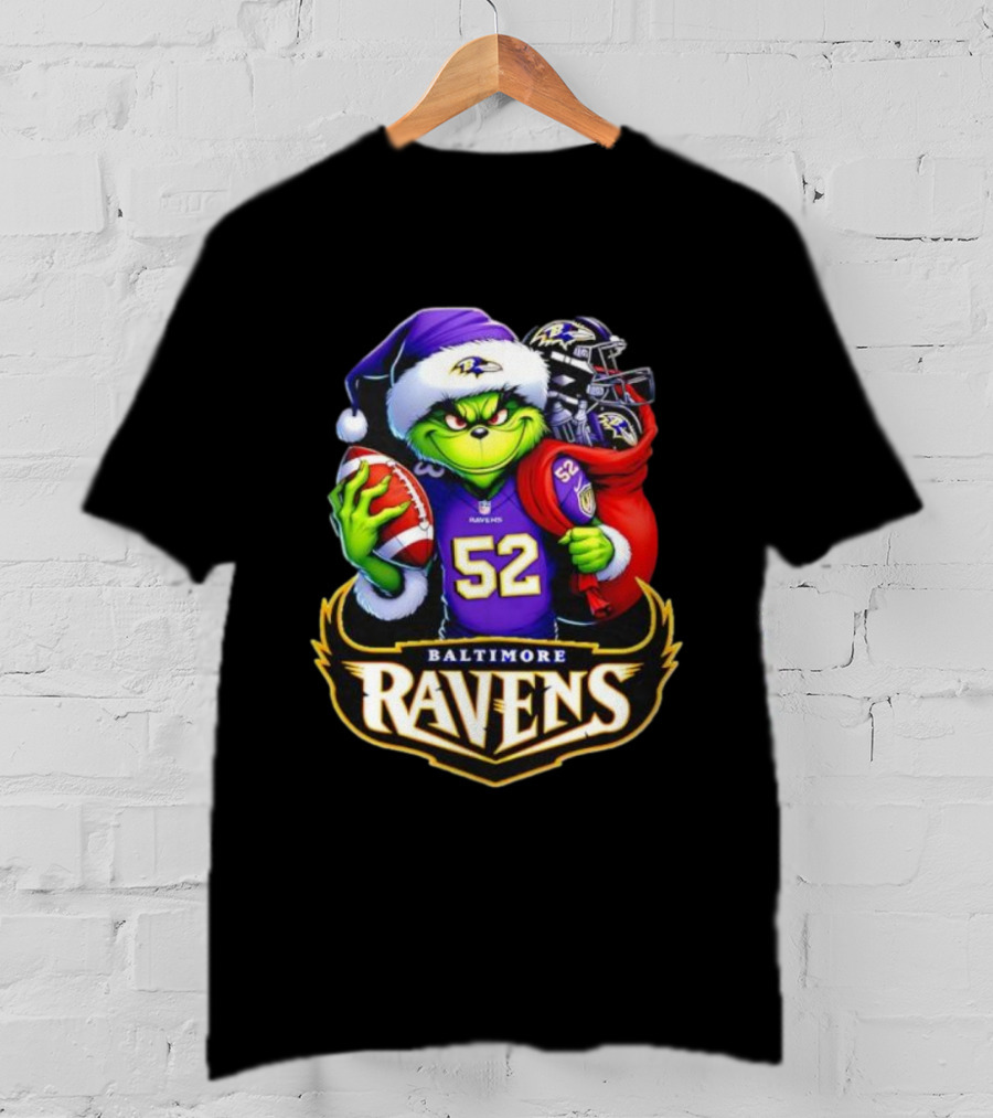 Baltimore Ravens Grinch Santa Hat Holding Football Ravens Logo Grinchmas T-Shirt