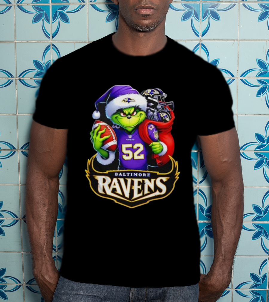 Baltimore Ravens Grinch Santa Hat Holding Football Ravens Logo Grinchmas T-Shirt